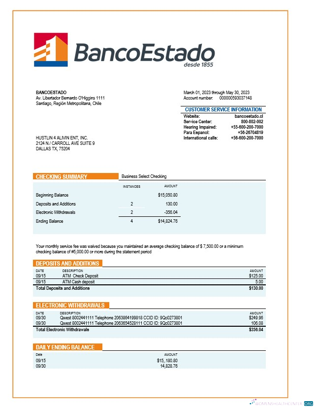 Download Banco del Estado de Chille organization statement Word and PDF template Photoshop template